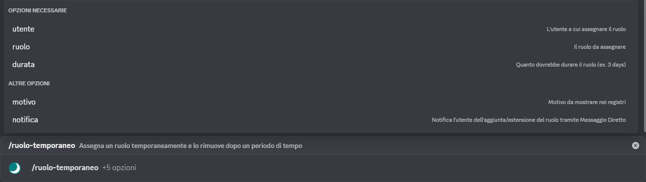 A screenshot showing the /temprole command translated to Italian