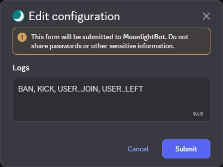A screenshot showing the modal to edit event types logged in a channel