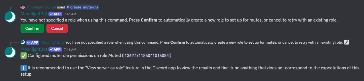 A screenshot showing the result of the /create-muterole command